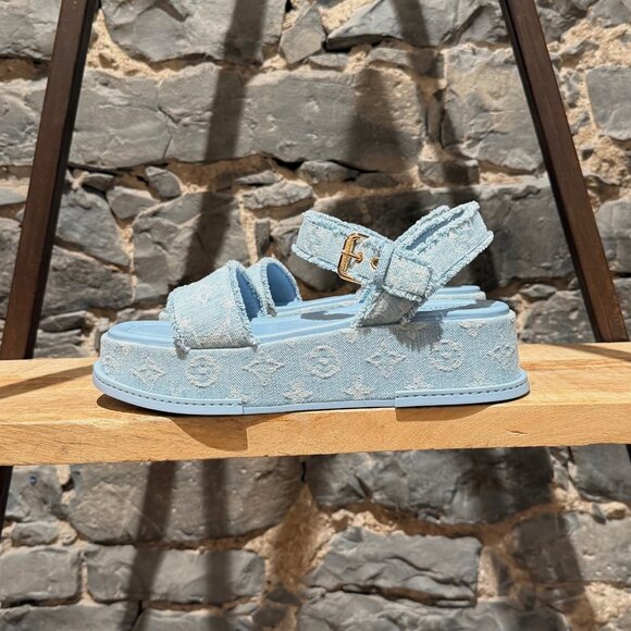 Louis Vuitton Light Blue Denim Monogram Maya Platform Sandals - Picture 6 of 11